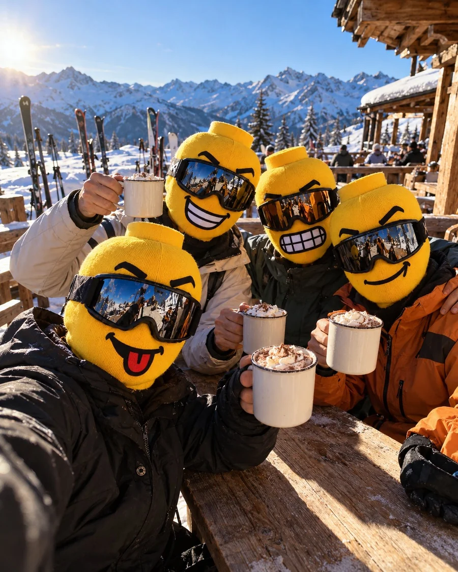 Fyra vänner med GRIN-masker och varm choklad på en solig fjällterrass