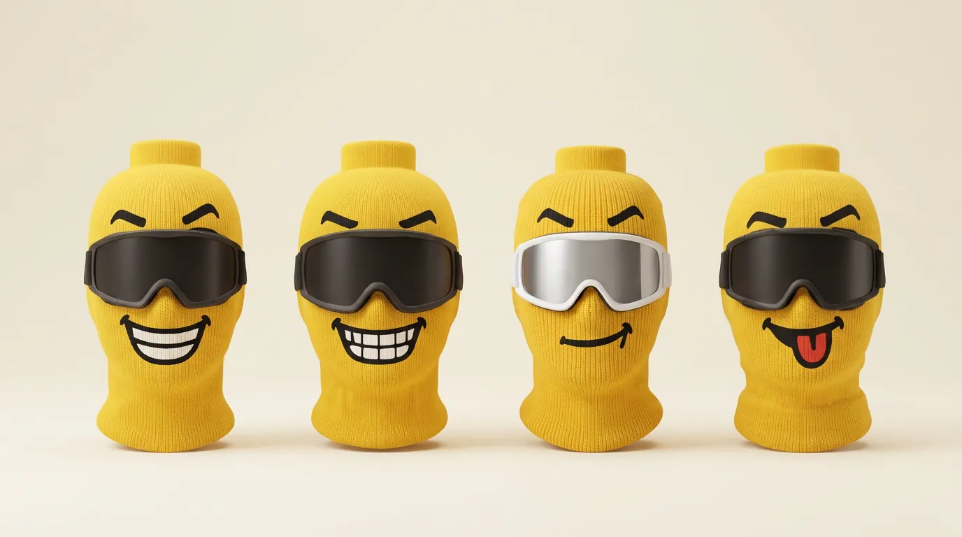 GRIN™ Ski Mask i fyra uttryck: Big Grin, Chomp, Smirk och Tongue Out